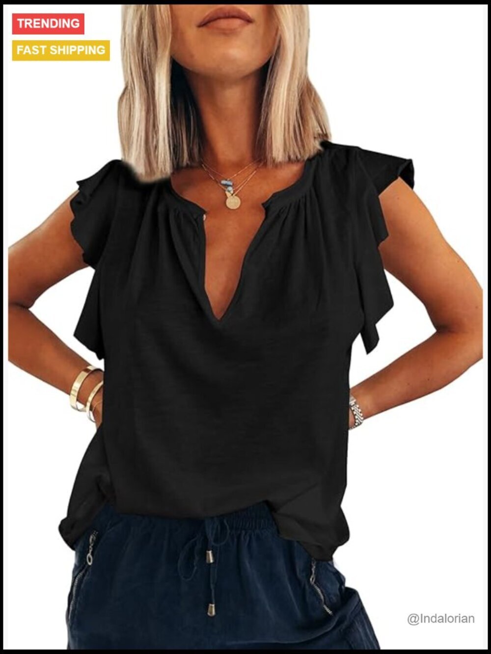 V-Neck Ruffle Sleeve Summer Tank Top - 95% Polyester 5% Elastane
